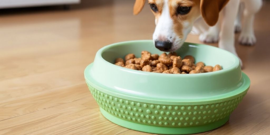 Dog bowl with non-slip base on wooden floor.