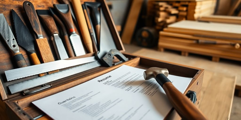 Carpenter's tools alongside a resume