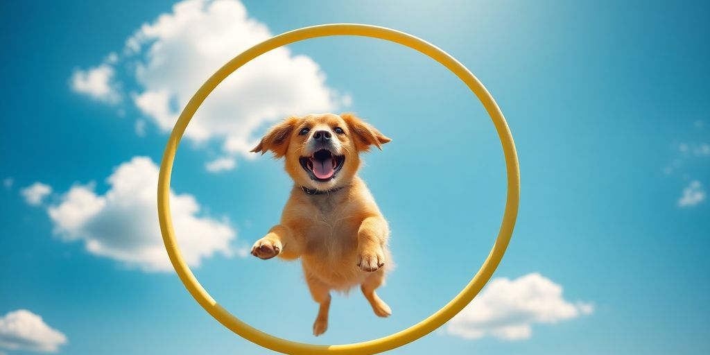 Dog jumping through a hoop in a sunny sky.