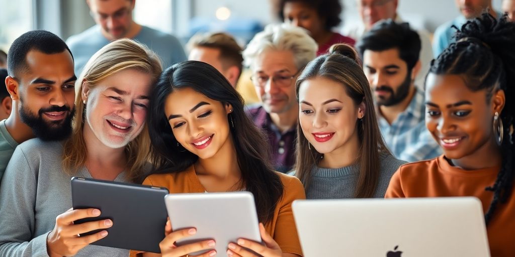 Diverse people engaging with digital content.