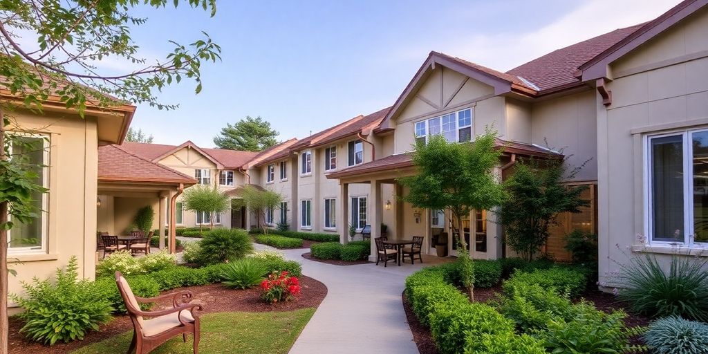 Imagem de uma casa de repouso acolhedora e acessível.