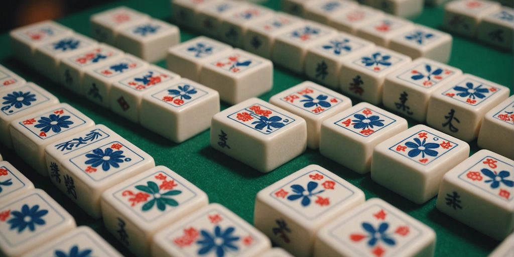 Close-up of Mahjong tiles arranged strategically on a Mahjong table with a soft-focus background.