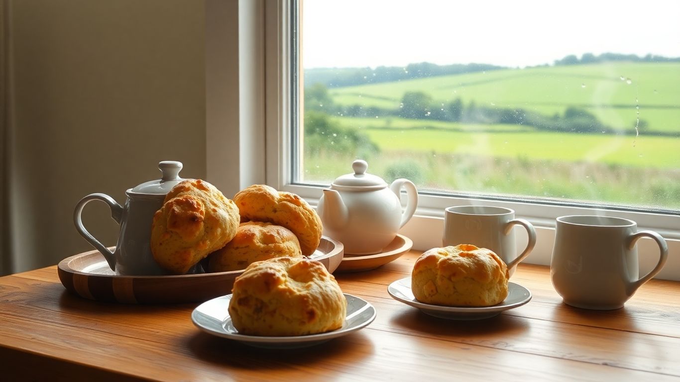 Fresh Devon bakes and tea by a rainy window.