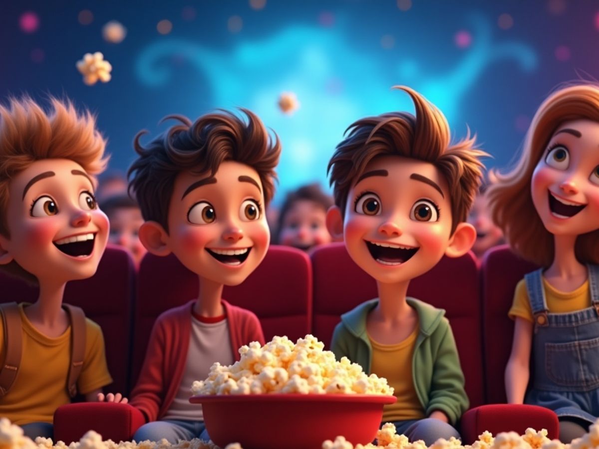 Copii bucurându-se de un film animat colorat.