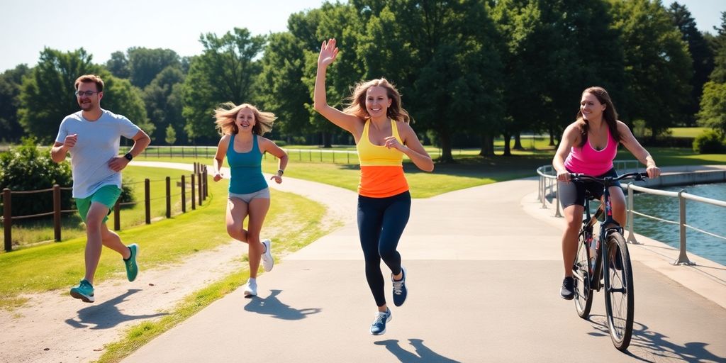 Diverse adults exercising outdoors, vibrant, energetic, sunlit scene.