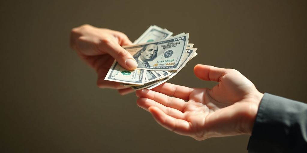 A hand exchanges money quickly, motion blur present.