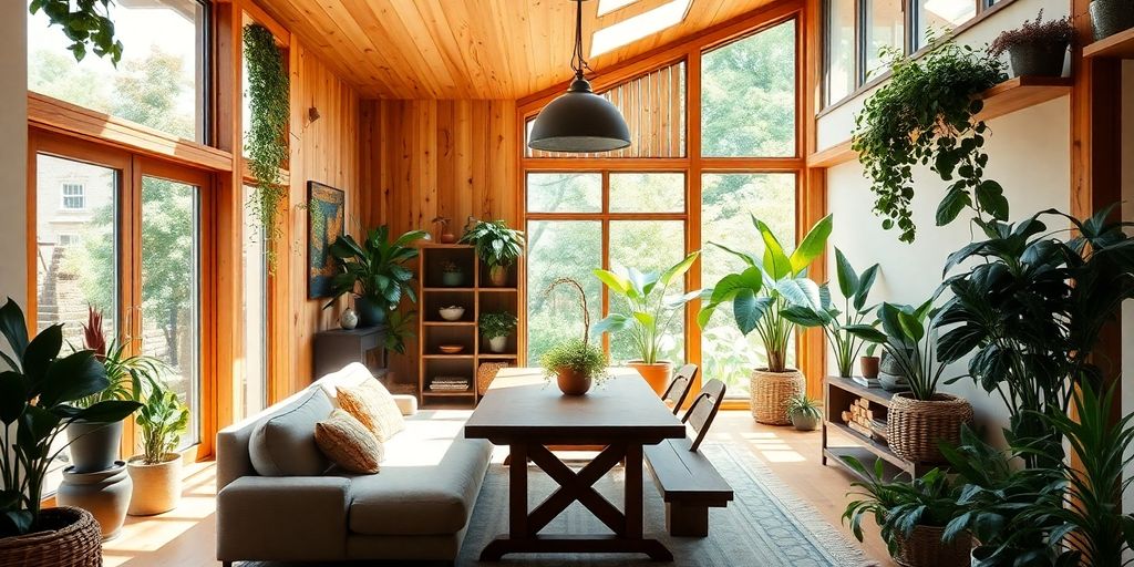 Eco-friendly home interior with natural materials and plants.