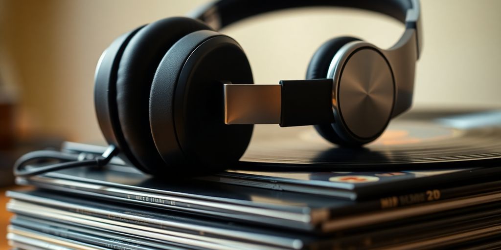 Headphones over a stack of music records.