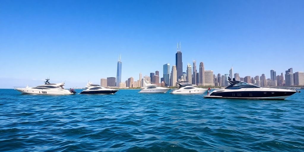 Yachts sailing on Lake Michigan, Chicago skyline
