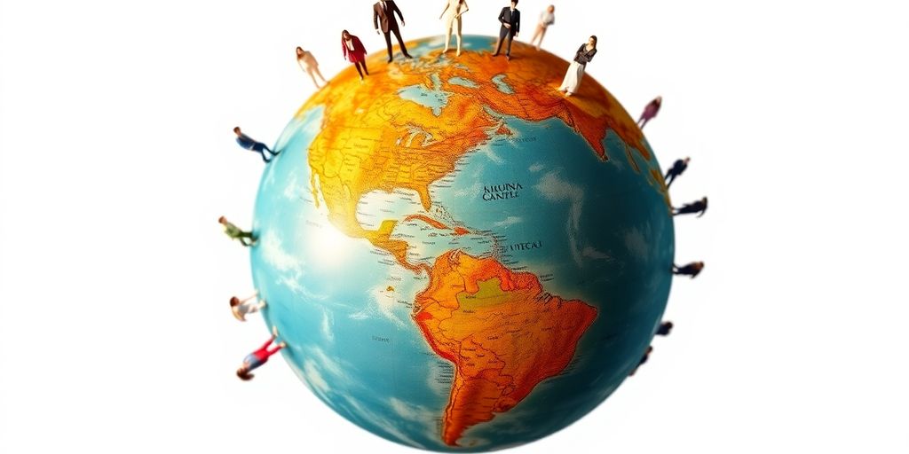 Globe with diverse people.
