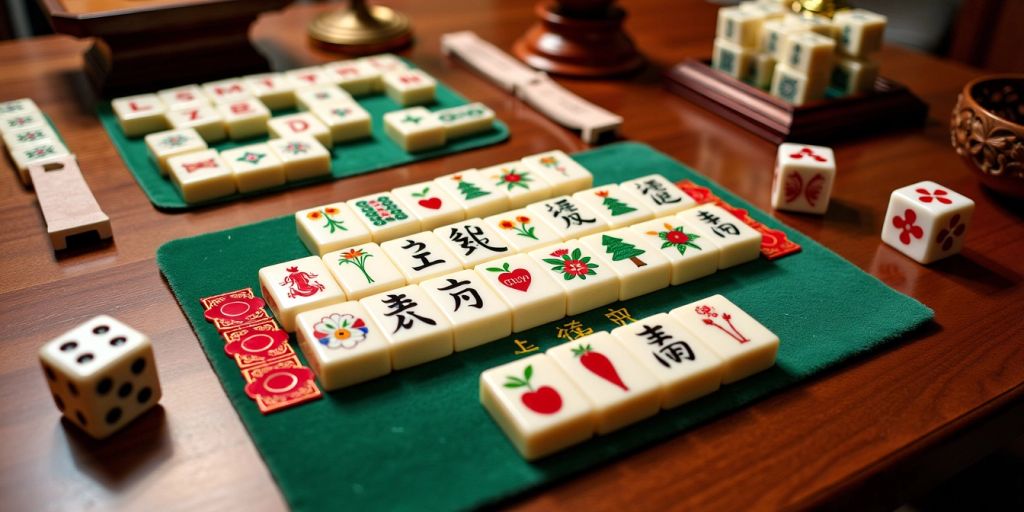 Mahjong tiles and accessories on a wooden table.