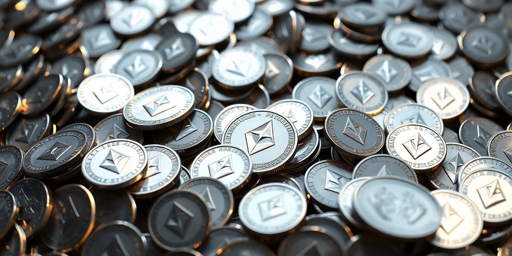 Ether coins stacked high with a subtle upward trend.