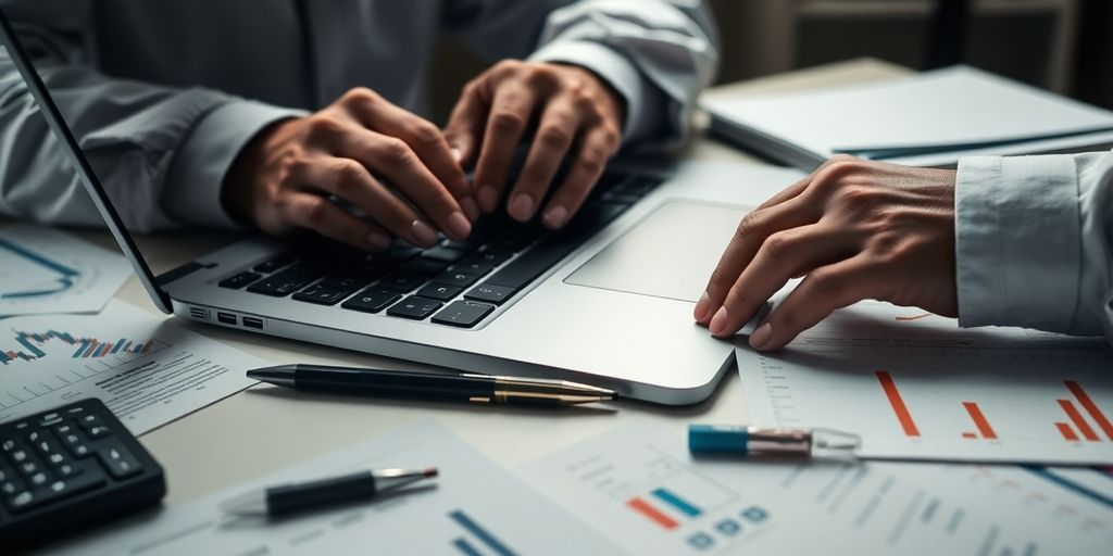 Trader working on laptop in a focused environment.