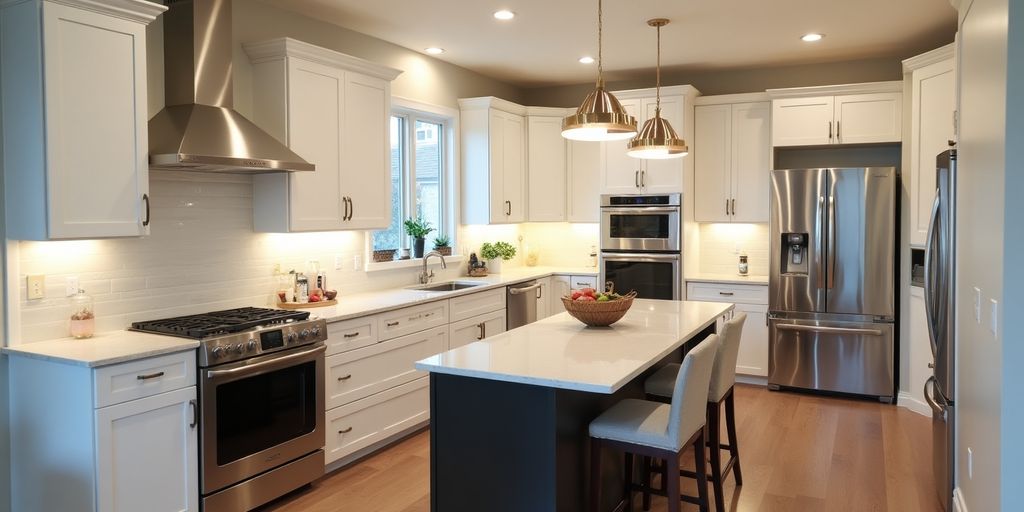 Modern remodeled kitchen with elegant countertops and appliances.