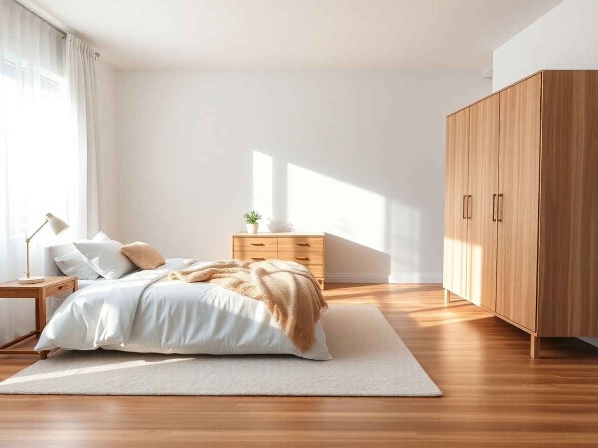 Dormitor luminos cu pat confortabil, mobilier esențial și decorațiuni simple