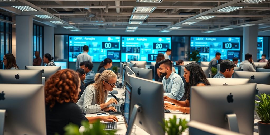 Professionals collaborating in a modern office.