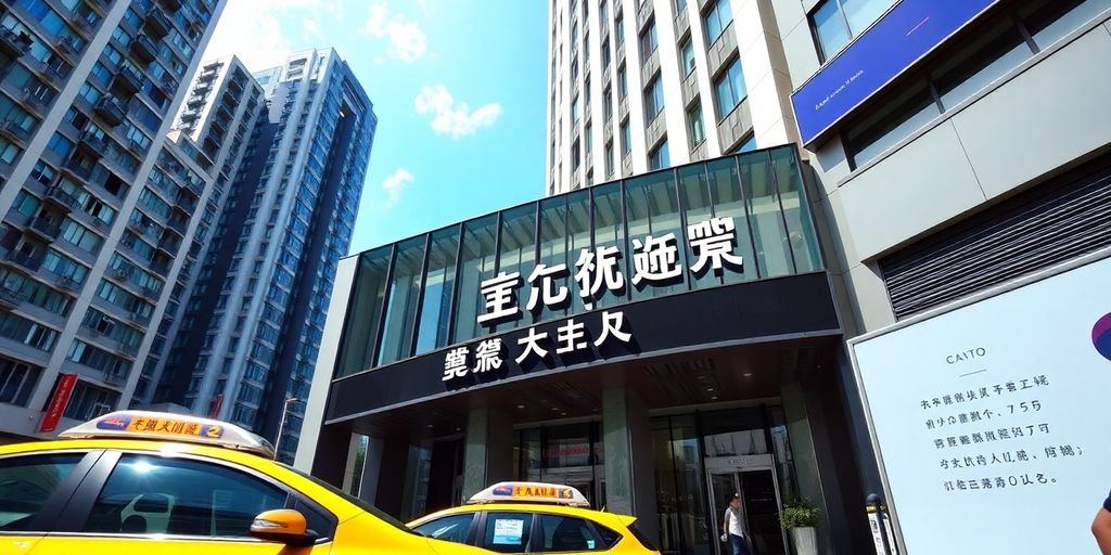 Modern bank building in Hong Kong with urban activity.