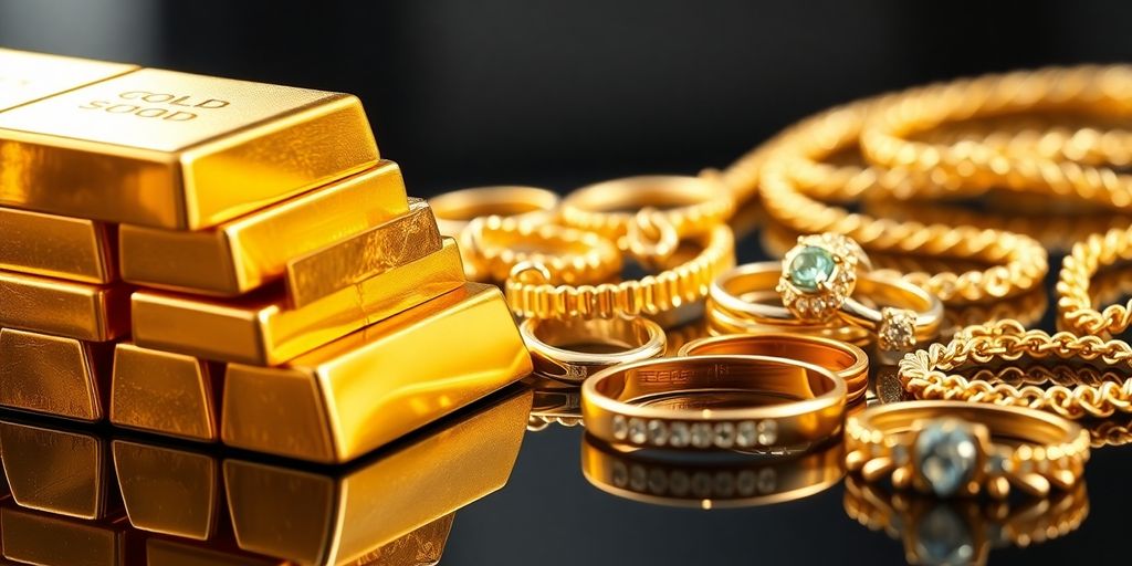 Lingots et bijoux en or.