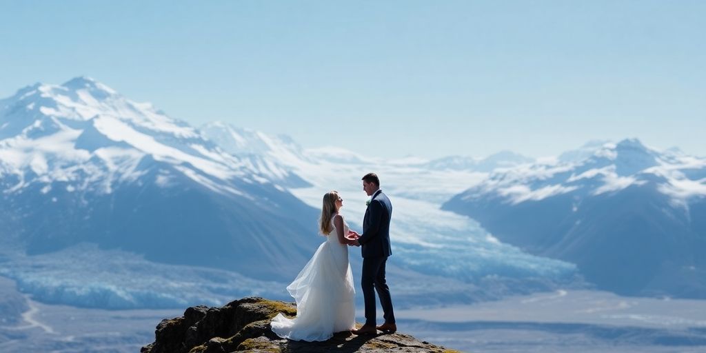 A couple in wedding attire eloping before majestic Alaskan mountains.