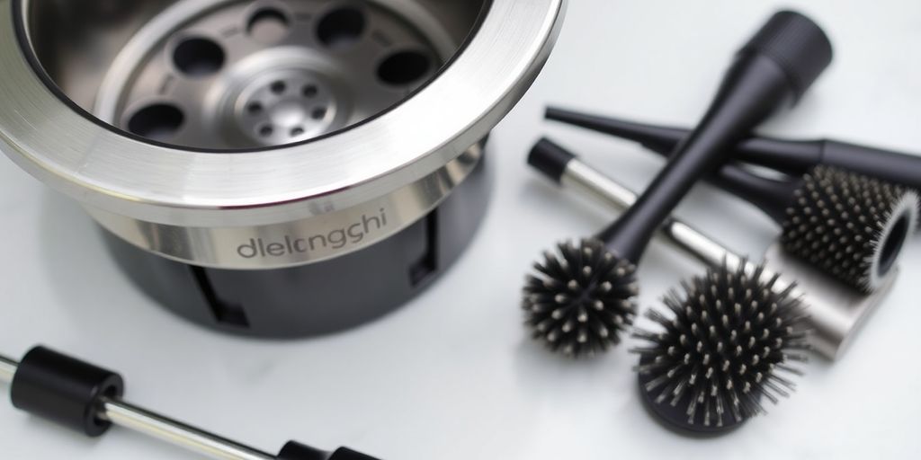 Delonghi portafilter with cleaning brushes on a countertop.