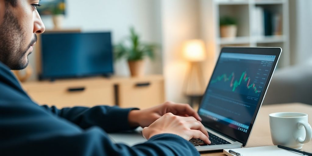 Person trading forex on a laptop in a cozy office.