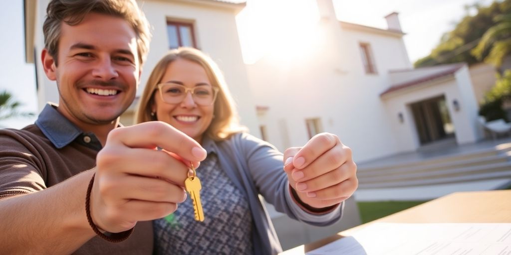 Couple examining a portuguese house key with a mortgage document.