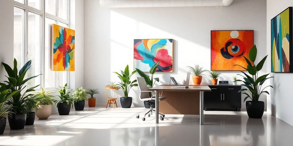 Well-lit office with colorful wall art.