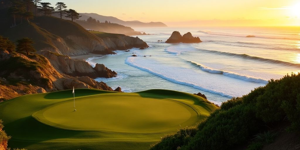 Pebble Beach coastline with waves and sunset glow.