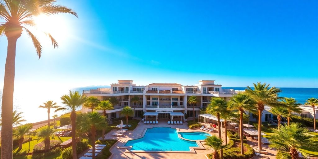 Modern Cabo resort exterior with lush gardens and inviting pool.