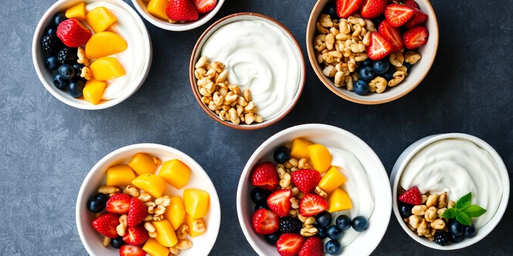 Colorful vegetarian breakfast bowls with fruits and nuts.