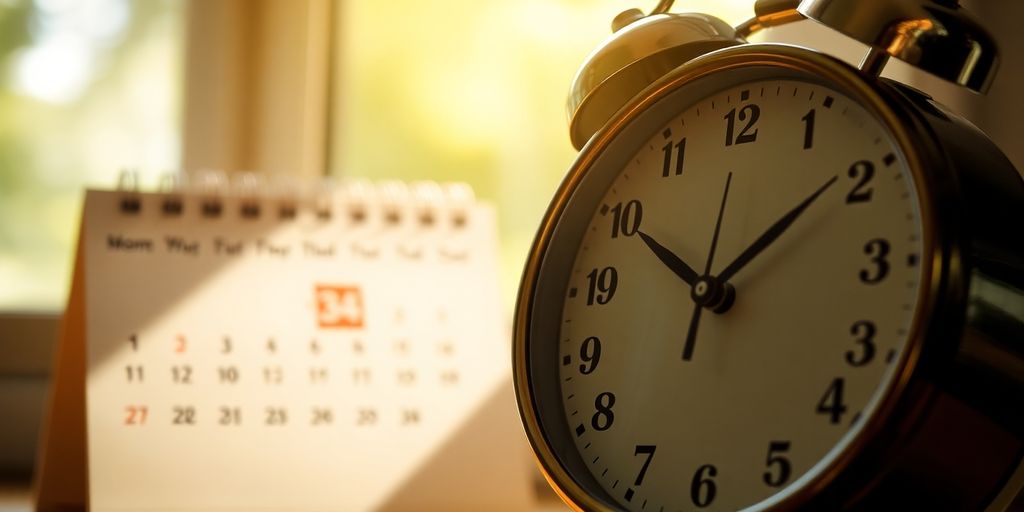 Clock with calendar and light rays.