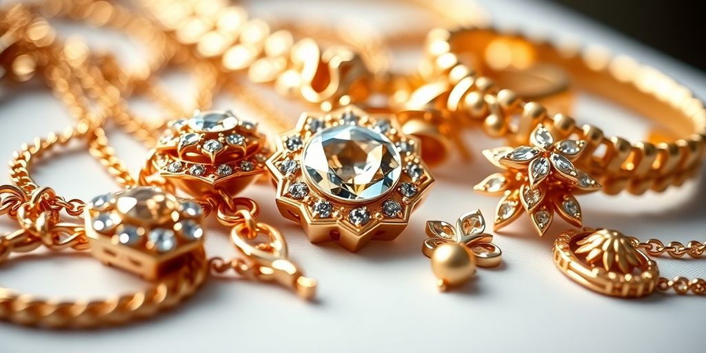 Bijoux en or soigneusement disposés sur un fond flou.