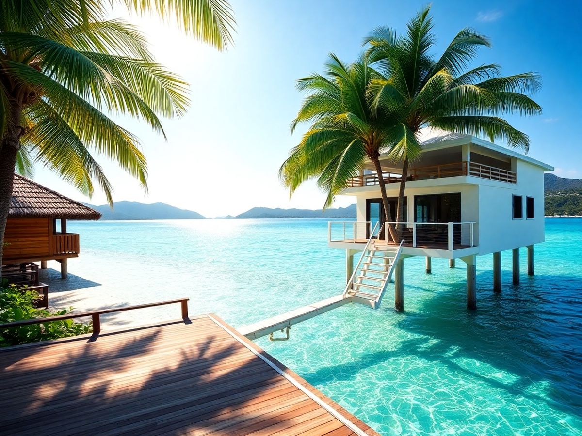 Bungalouri pe plajă cu palmieri, apă turcoaz, Thailanda și Bali