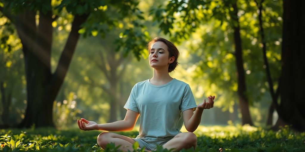 Person relaxing in nature, surrounded by greenery.