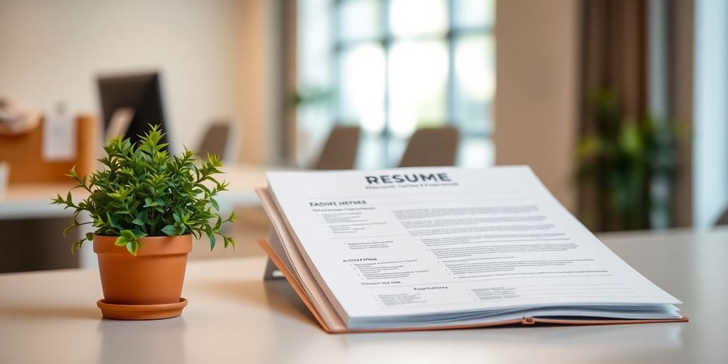 Resume on a desk with a plant