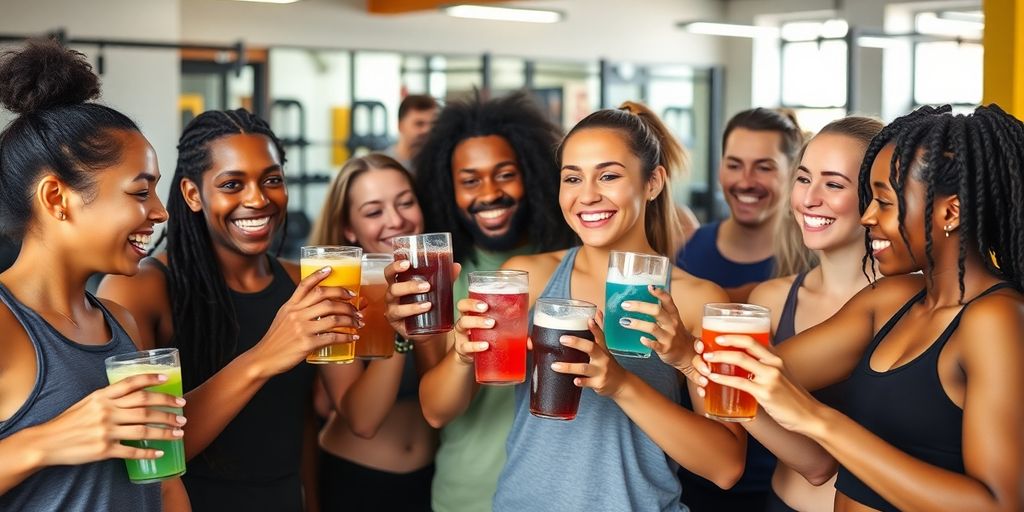 Group of friends enjoying drinks after a workout session.