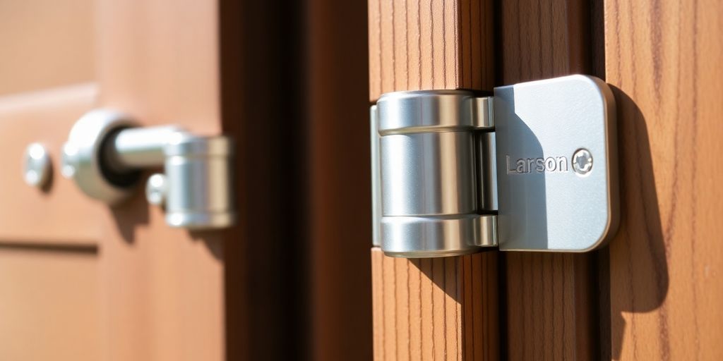 Close-up of durable Larson storm door hinges.