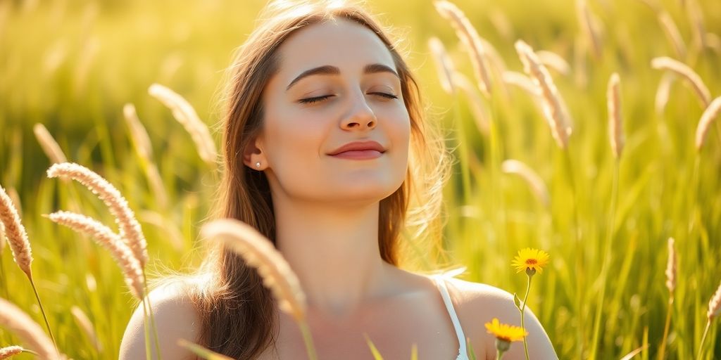 Woman meditating in sunlit meadow, calm.