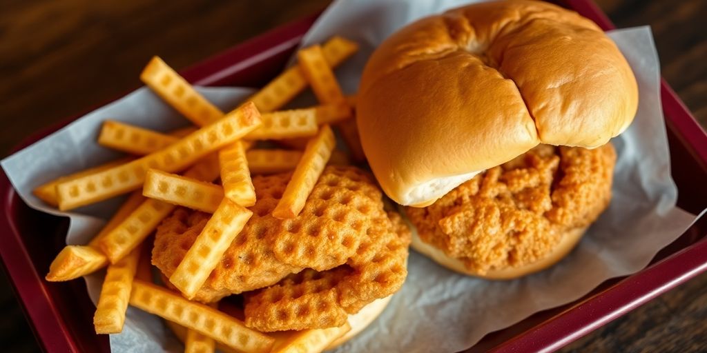 Chicken sandwich and waffle fries on tray.