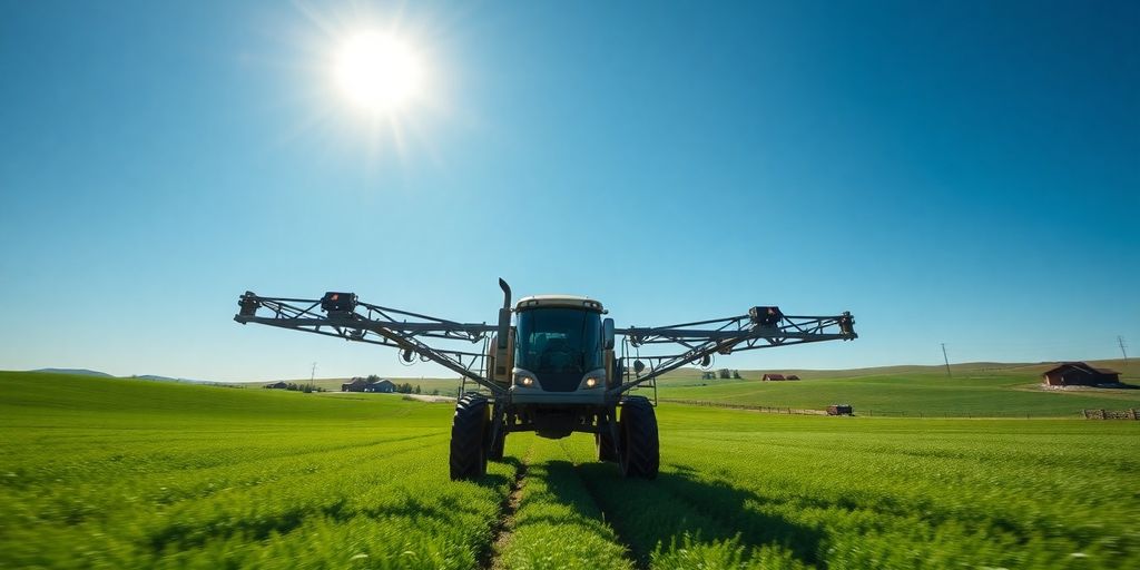 Moderne Feldspritze im Sonnenlicht auf dem Feld.