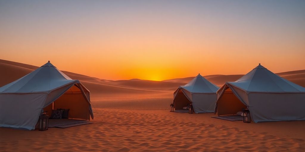 Luxurious tents in a tranquil desert landscape at sunset.