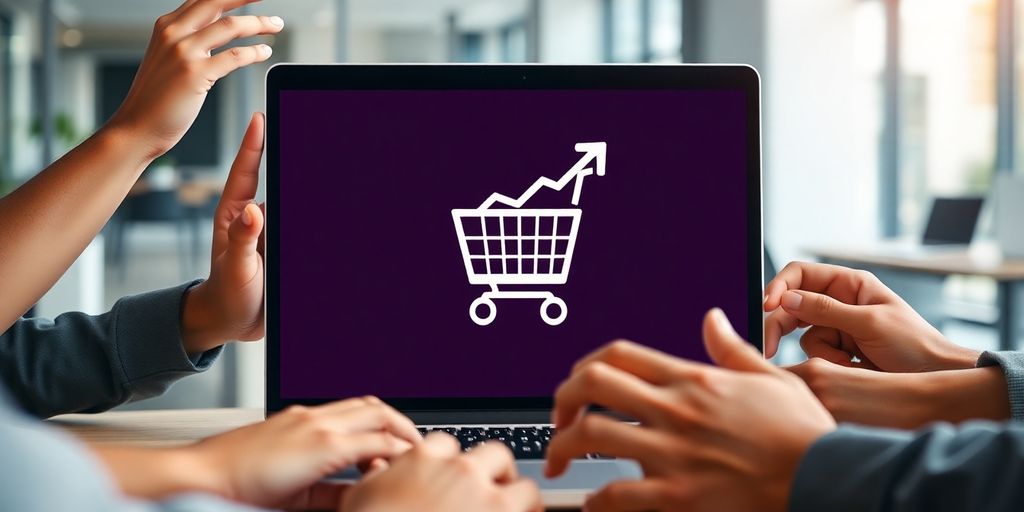 Laptop, shopping cart, growth arrow, diverse hands.