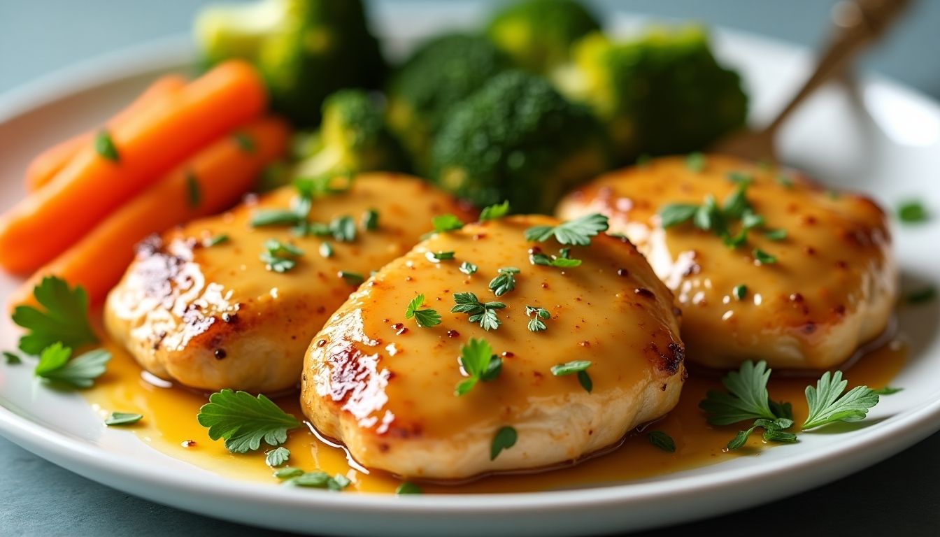 Honey Mustard Chicken with roasted vegetables on a plate.