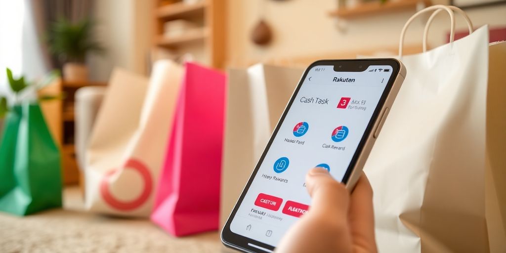 Smartphone with Rakuten app and cash rewards at home.