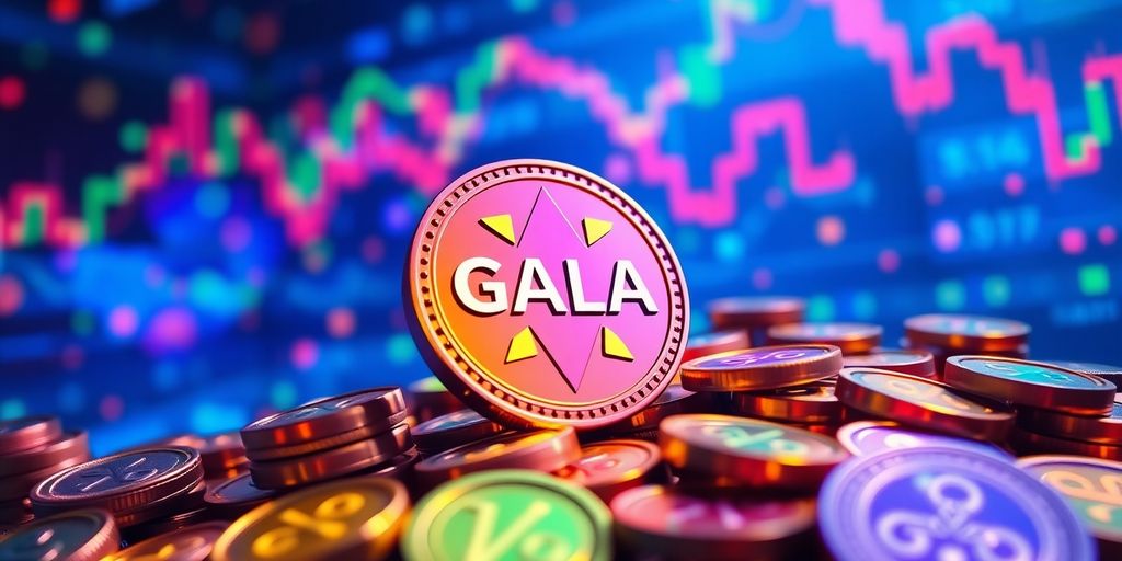 Colorful cryptocurrency coins representing GALA in a dynamic market.
