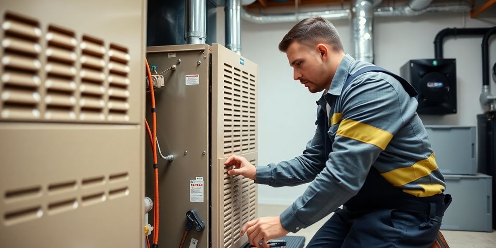 HVAC technician installing modern furnace.