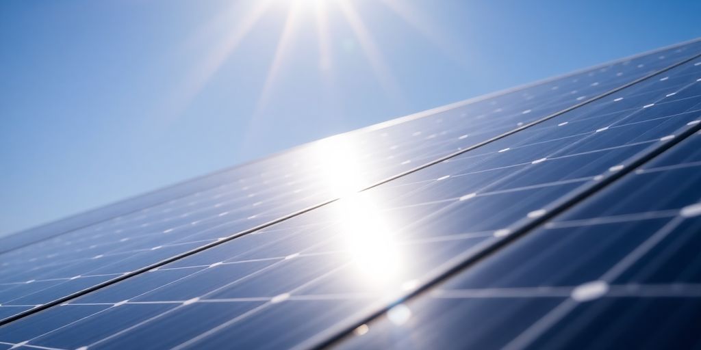 Solar panels glistening under bright sunlight against blue sky.