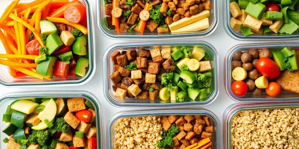 Healthy prepared meals in containers.