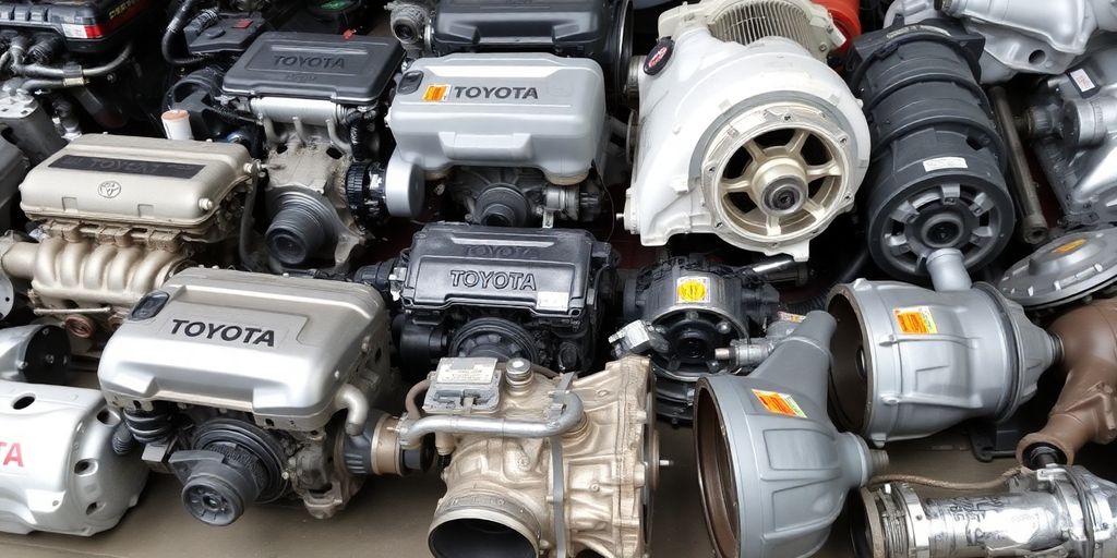 Toyota car parts stacked neatly.