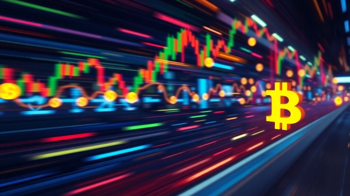 Vibrant digital currency symbols in motion, suggesting trading activity.